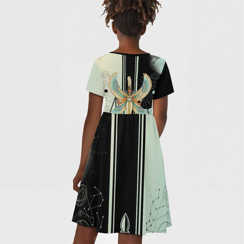 Ma’at Feather Egyptian Kid Short Sleeve Dress with Scales Symbolizing Truth and Cosmic Balance