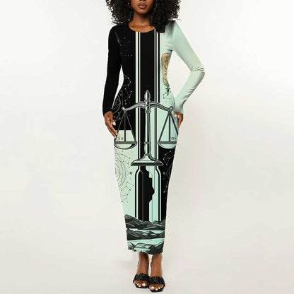 Ma’at Feather Egyptian Long Sleeve Bodycon Dress with Scales Symbolizing Truth and Cosmic Balance