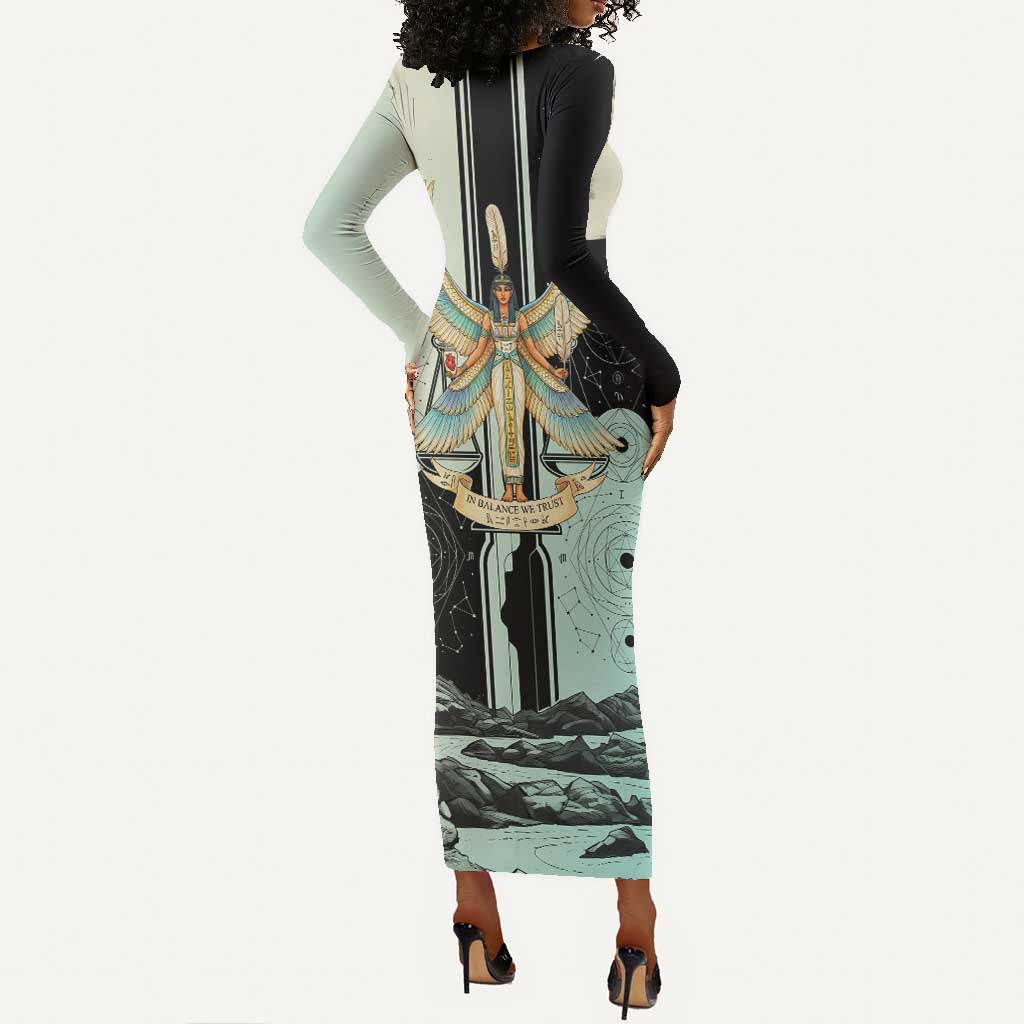 Ma’at Feather Egyptian Long Sleeve Bodycon Dress with Scales Symbolizing Truth and Cosmic Balance