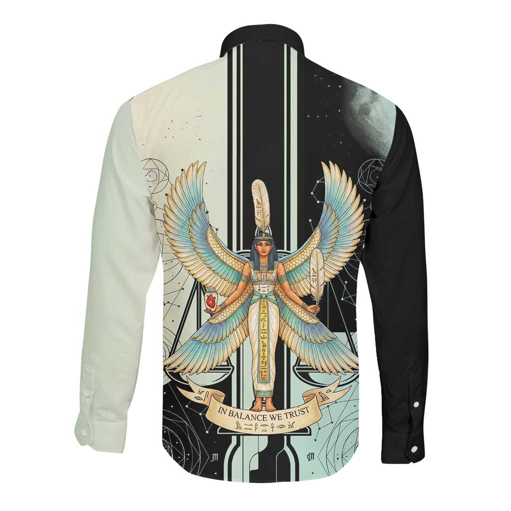 Ma’at Feather Egyptian Long Sleeve Button Shirt with Scales Symbolizing Truth and Cosmic Balance