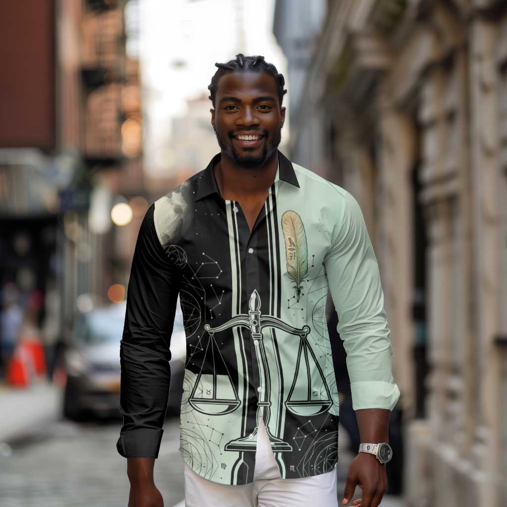 Ma’at Feather Egyptian Long Sleeve Button Shirt with Scales Symbolizing Truth and Cosmic Balance