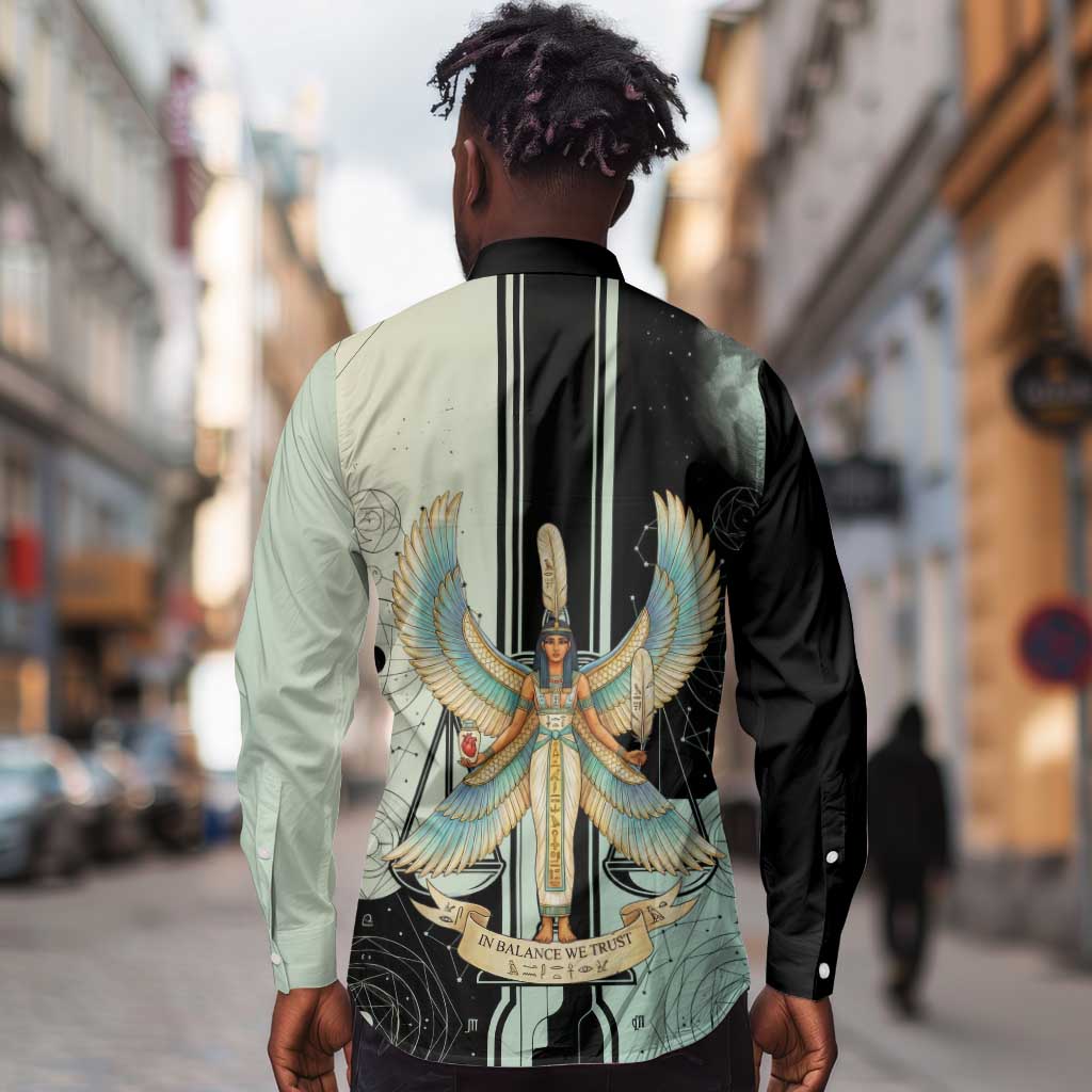 Ma’at Feather Egyptian Long Sleeve Button Shirt with Scales Symbolizing Truth and Cosmic Balance