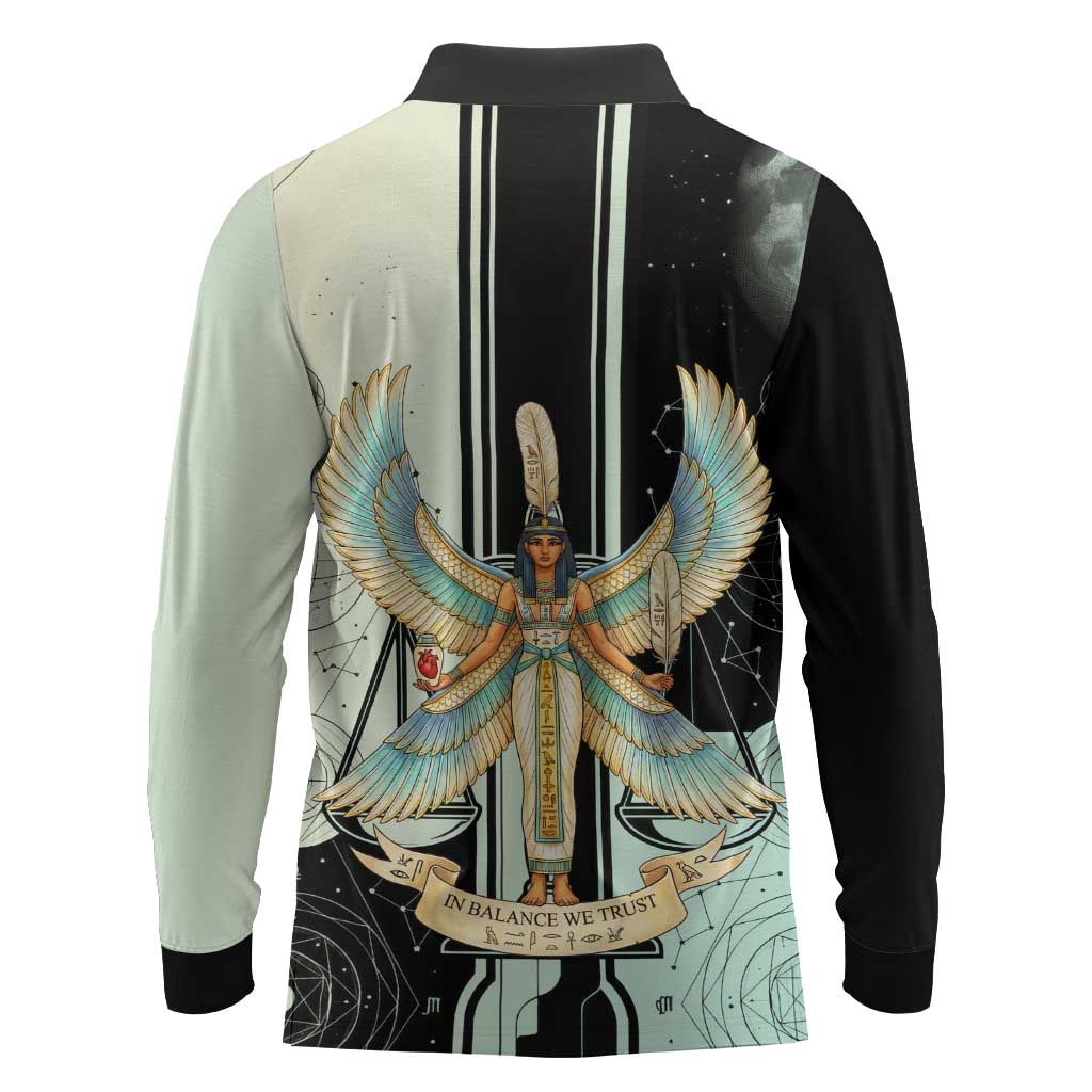 Ma’at Feather Egyptian Long Sleeve Polo Shirt with Scales Symbolizing Truth and Cosmic Balance