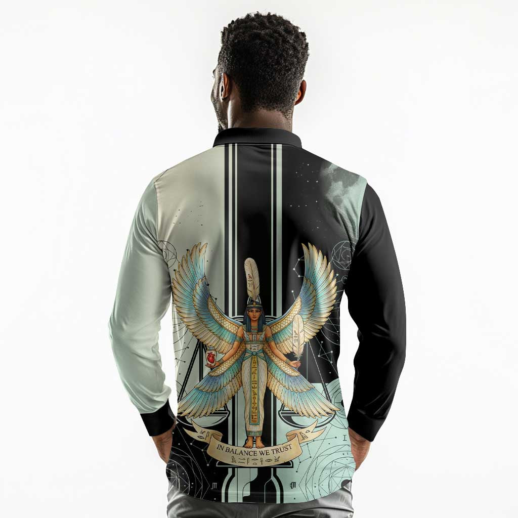 Ma’at Feather Egyptian Long Sleeve Polo Shirt with Scales Symbolizing Truth and Cosmic Balance