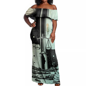 Ma’at Feather Egyptian Off Shoulder Maxi Dress with Scales Symbolizing Truth and Cosmic Balance