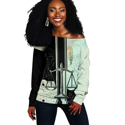 Ma’at Feather Egyptian Off Shoulder Sweater with Scales Symbolizing Truth and Cosmic Balance