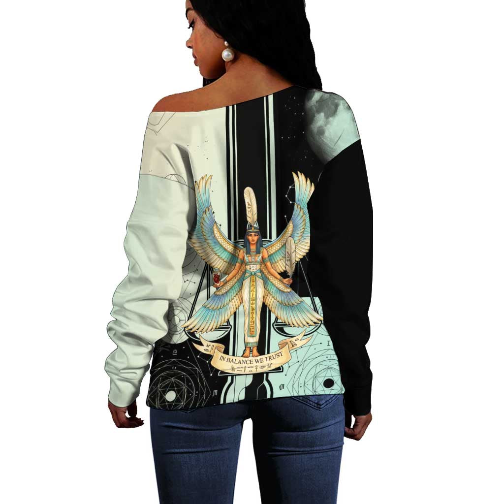 Ma’at Feather Egyptian Off Shoulder Sweater with Scales Symbolizing Truth and Cosmic Balance