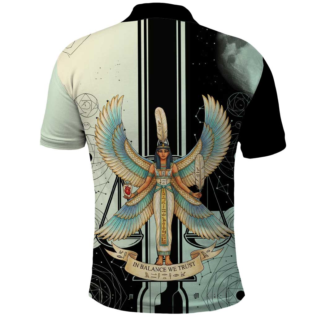 Ma’at Feather Egyptian Polo Shirt with Scales Symbolizing Truth and Cosmic Balance