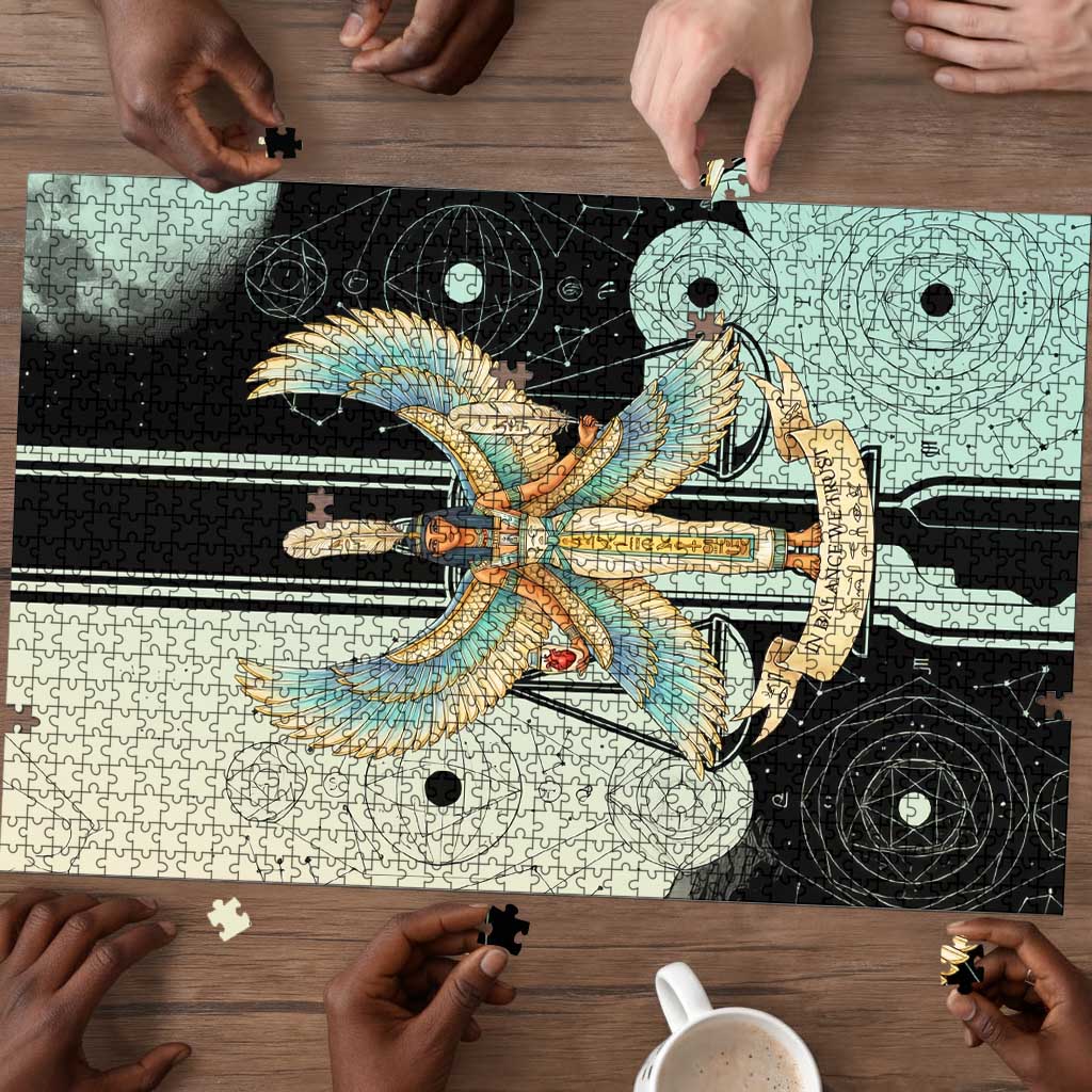 Ma’at Feather Egyptian Puzzle with Scales Symbolizing Truth and Cosmic Balance