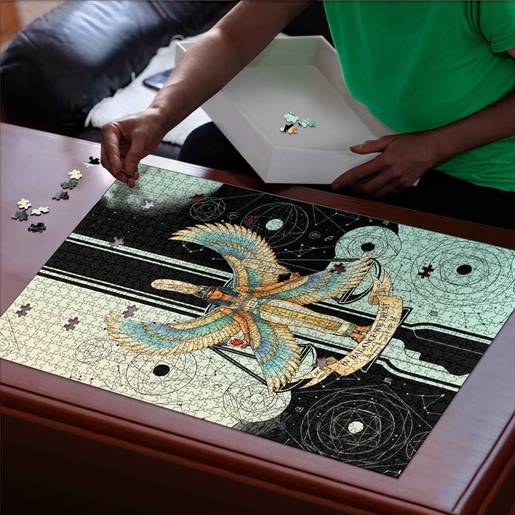 Ma’at Feather Egyptian Puzzle with Scales Symbolizing Truth and Cosmic Balance