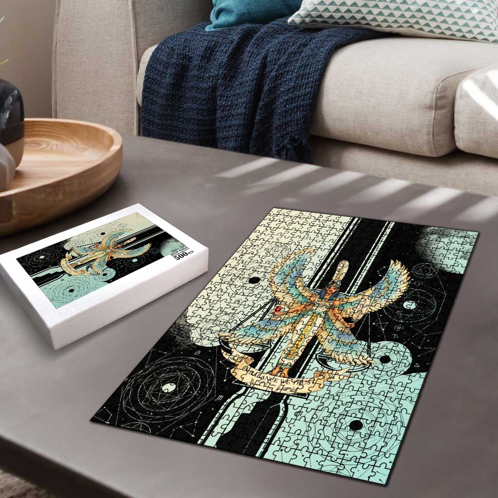Ma’at Feather Egyptian Puzzle with Scales Symbolizing Truth and Cosmic Balance