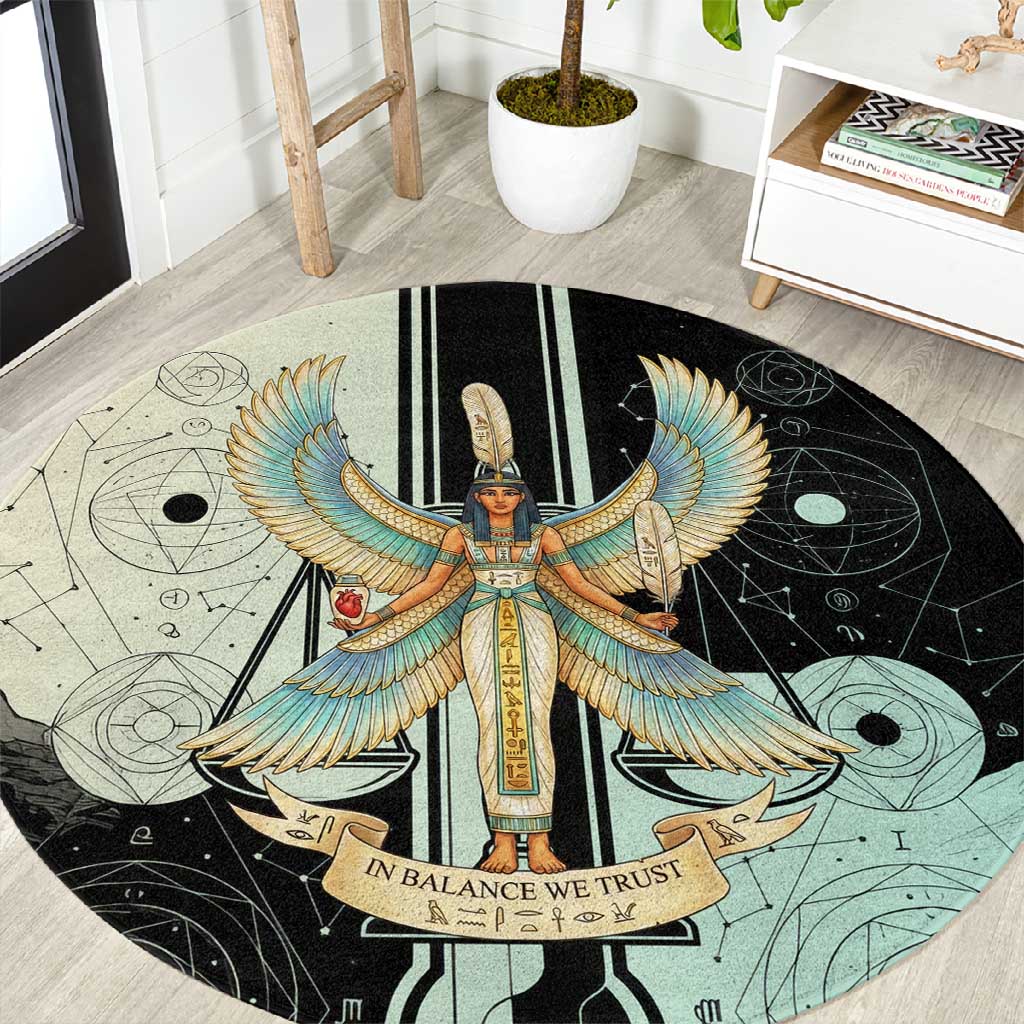 Ma’at Feather Egyptian Round Carpet with Scales Symbolizing Truth and Cosmic Balance