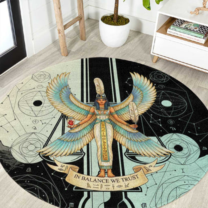 Ma’at Feather Egyptian Round Carpet with Scales Symbolizing Truth and Cosmic Balance