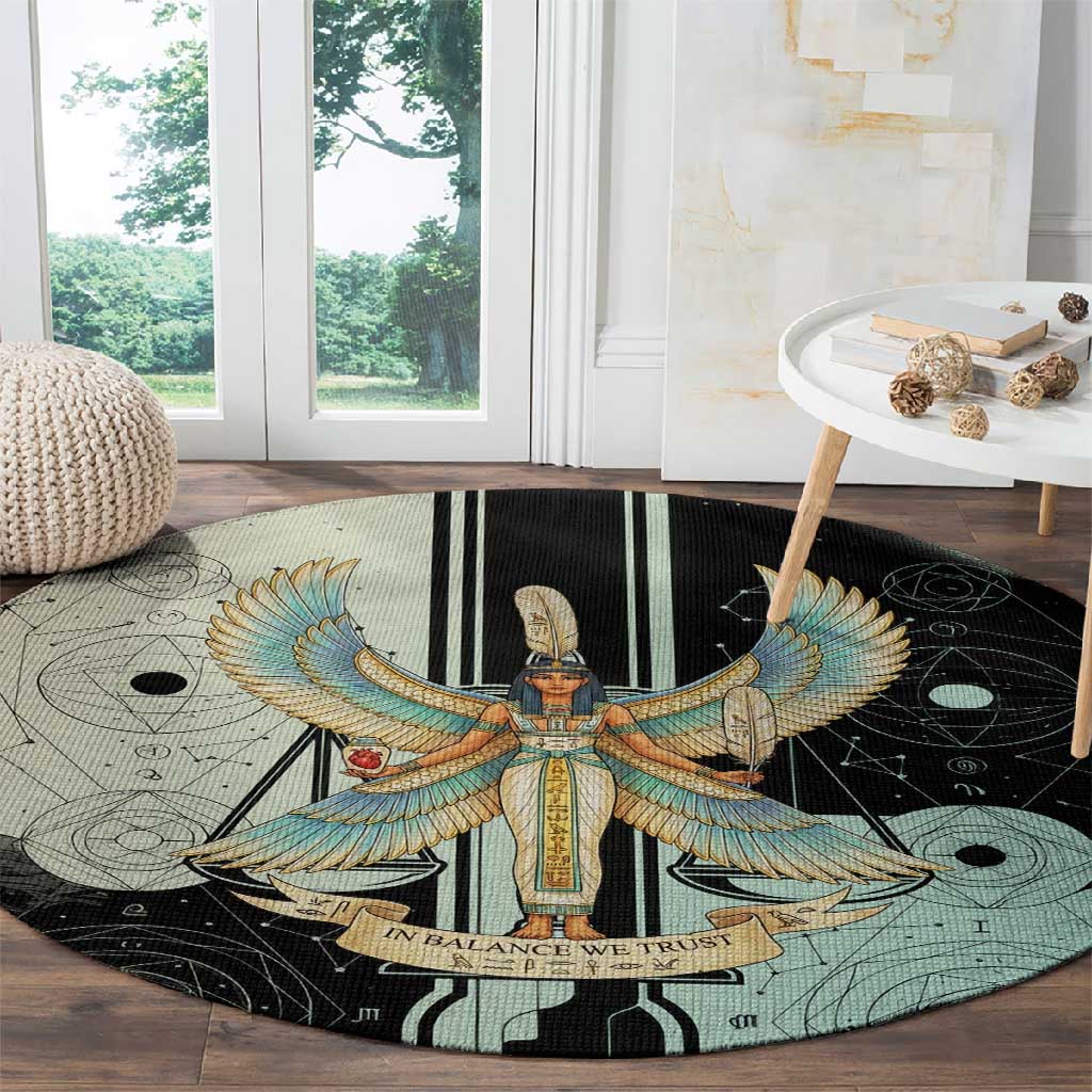Ma’at Feather Egyptian Round Carpet with Scales Symbolizing Truth and Cosmic Balance