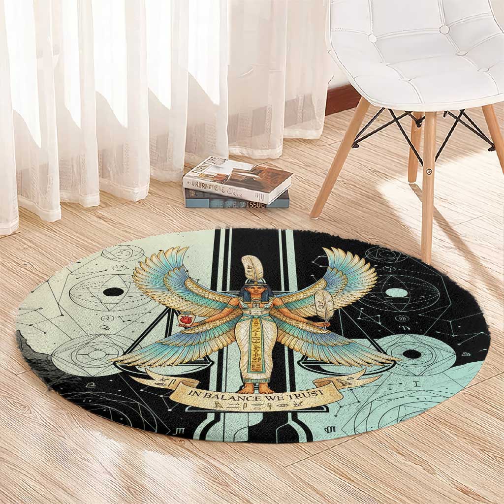 Ma’at Feather Egyptian Round Carpet with Scales Symbolizing Truth and Cosmic Balance