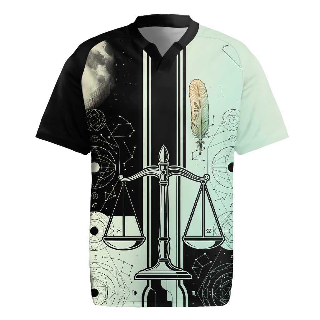Ma’at Feather Egyptian Rugby Jersey with Scales Symbolizing Truth and Cosmic Balance