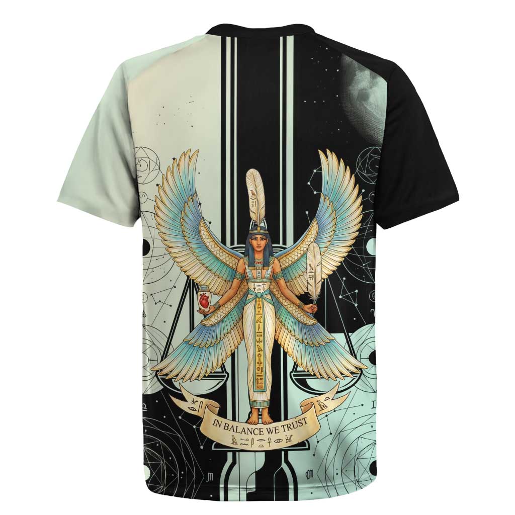 Ma’at Feather Egyptian Rugby Jersey with Scales Symbolizing Truth and Cosmic Balance