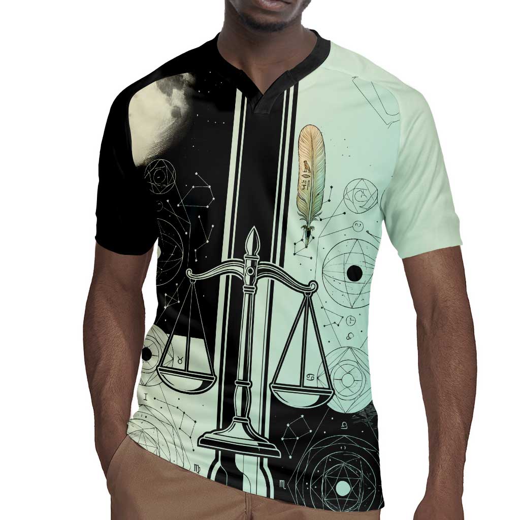 Ma’at Feather Egyptian Rugby Jersey with Scales Symbolizing Truth and Cosmic Balance
