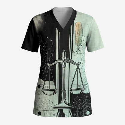 Ma’at Feather Egyptian Scrub Top with Scales Symbolizing Truth and Cosmic Balance