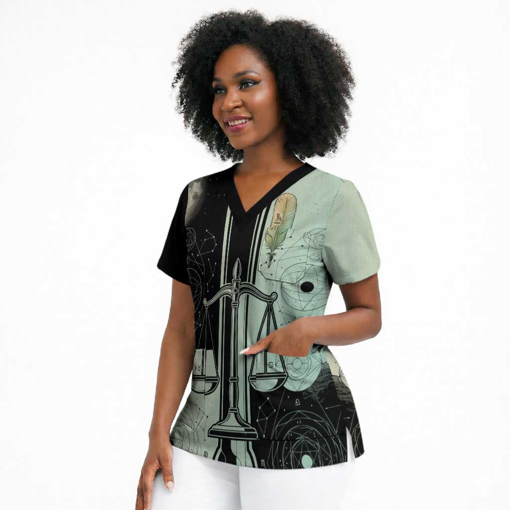 Ma’at Feather Egyptian Scrub Top with Scales Symbolizing Truth and Cosmic Balance