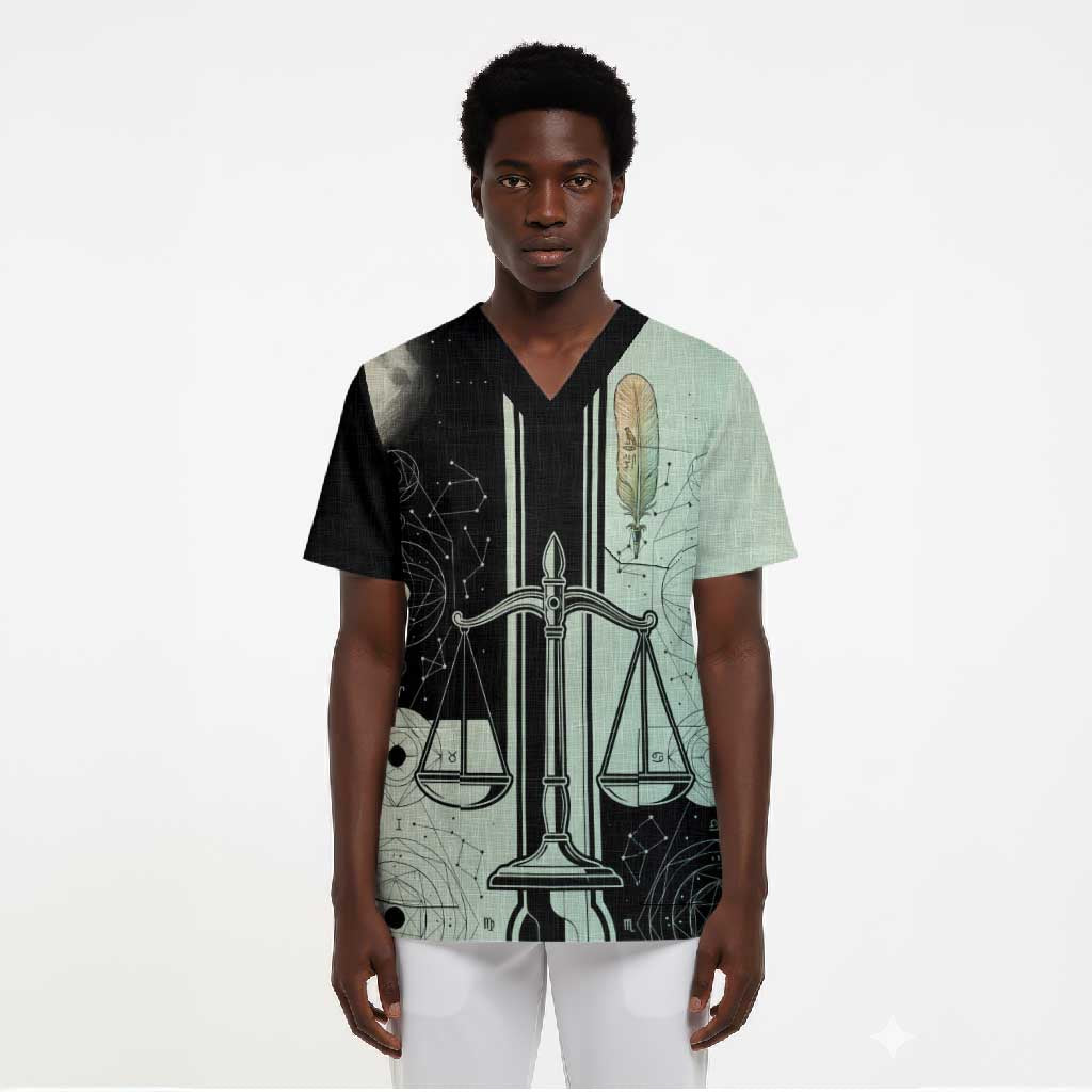 Ma’at Feather Egyptian Scrub Top with Scales Symbolizing Truth and Cosmic Balance