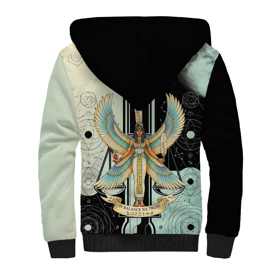 Ma’at Feather Egyptian Sherpa Hoodie with Scales Symbolizing Truth and Cosmic Balance