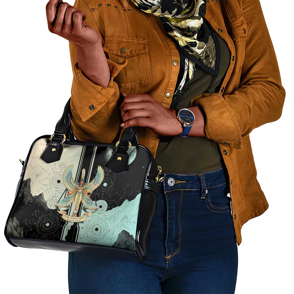 Ma’at Feather Egyptian Shoulder Handbag with Scales Symbolizing Truth and Cosmic Balance