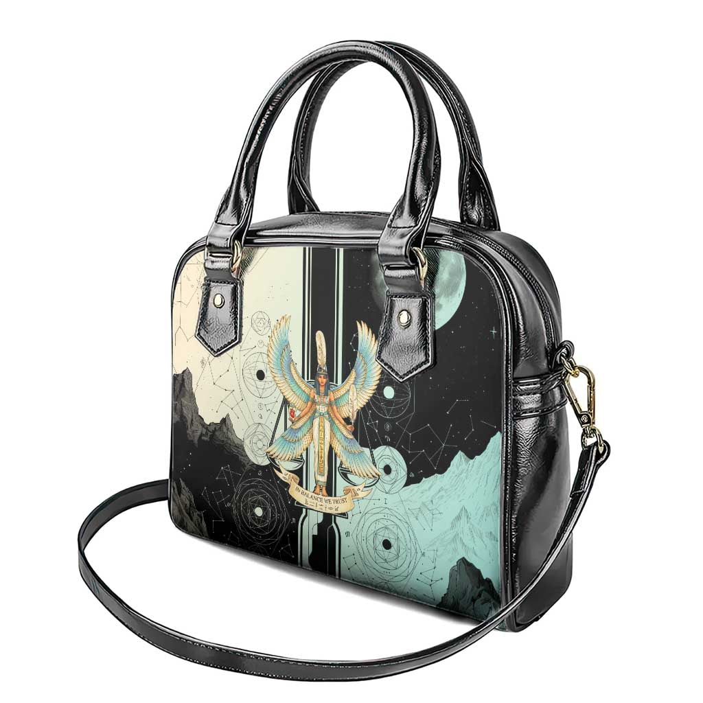 Ma’at Feather Egyptian Shoulder Handbag with Scales Symbolizing Truth and Cosmic Balance