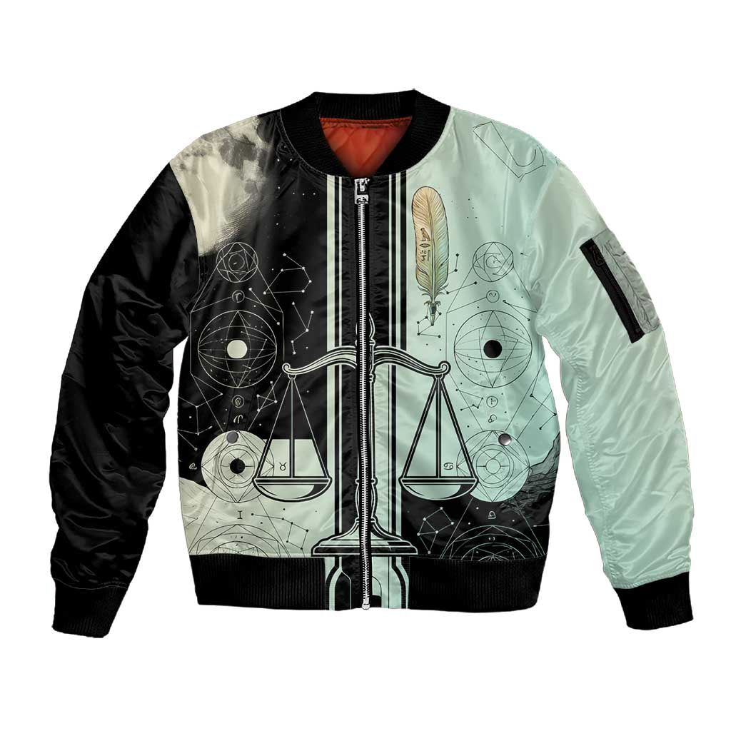 Ma’at Feather Egyptian Sleeve Zip Bomber Jacket with Scales Symbolizing Truth and Cosmic Balance