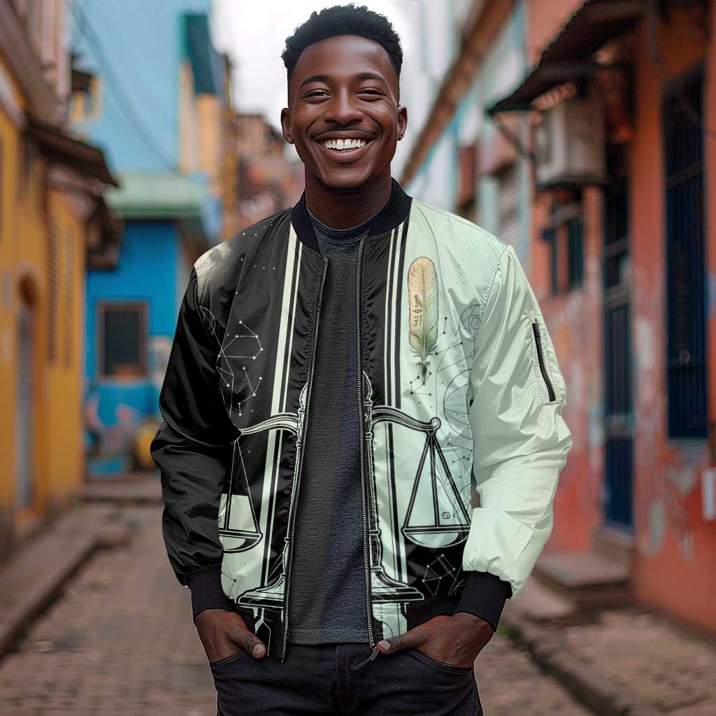 Ma’at Feather Egyptian Sleeve Zip Bomber Jacket with Scales Symbolizing Truth and Cosmic Balance