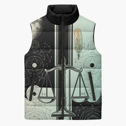 Ma’at Feather Egyptian Sleeveless Puffer Jacket with Scales Symbolizing Truth and Cosmic Balance