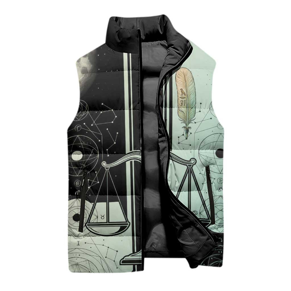 Ma’at Feather Egyptian Sleeveless Puffer Jacket with Scales Symbolizing Truth and Cosmic Balance