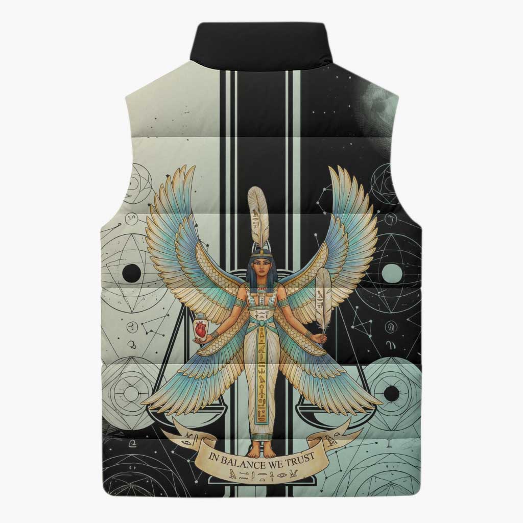 Ma’at Feather Egyptian Sleeveless Puffer Jacket with Scales Symbolizing Truth and Cosmic Balance