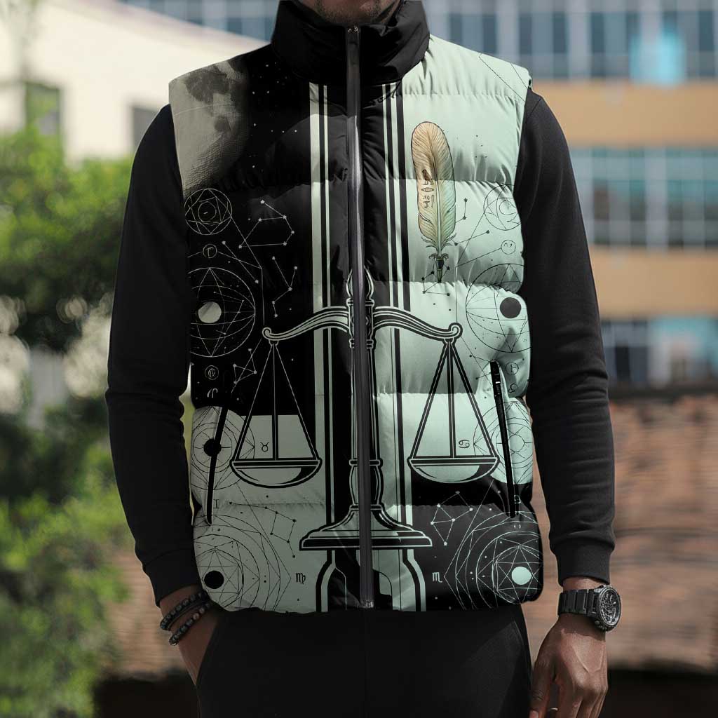 Ma’at Feather Egyptian Sleeveless Puffer Jacket with Scales Symbolizing Truth and Cosmic Balance