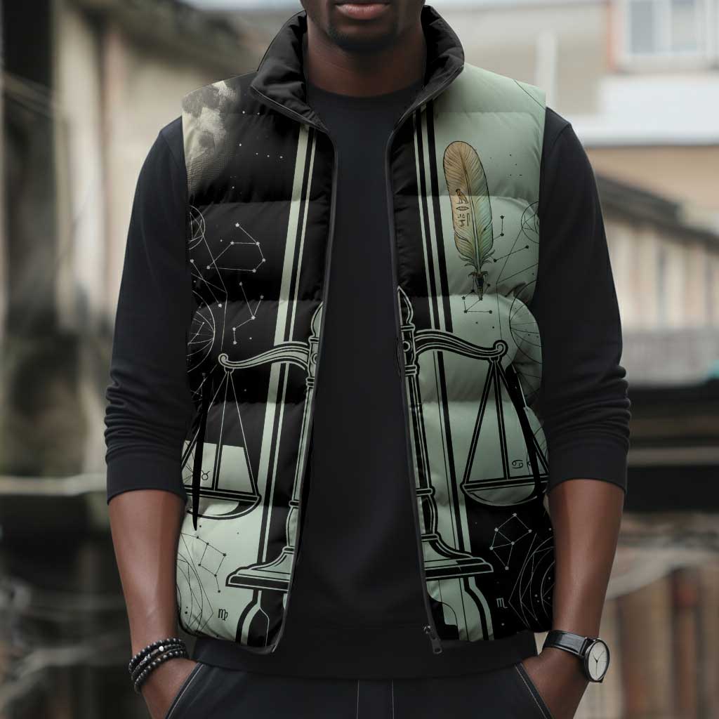 Ma’at Feather Egyptian Sleeveless Puffer Jacket with Scales Symbolizing Truth and Cosmic Balance