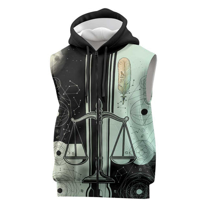 Ma’at Feather Egyptian Sleeveless Zip Hoodie with Scales Symbolizing Truth and Cosmic Balance