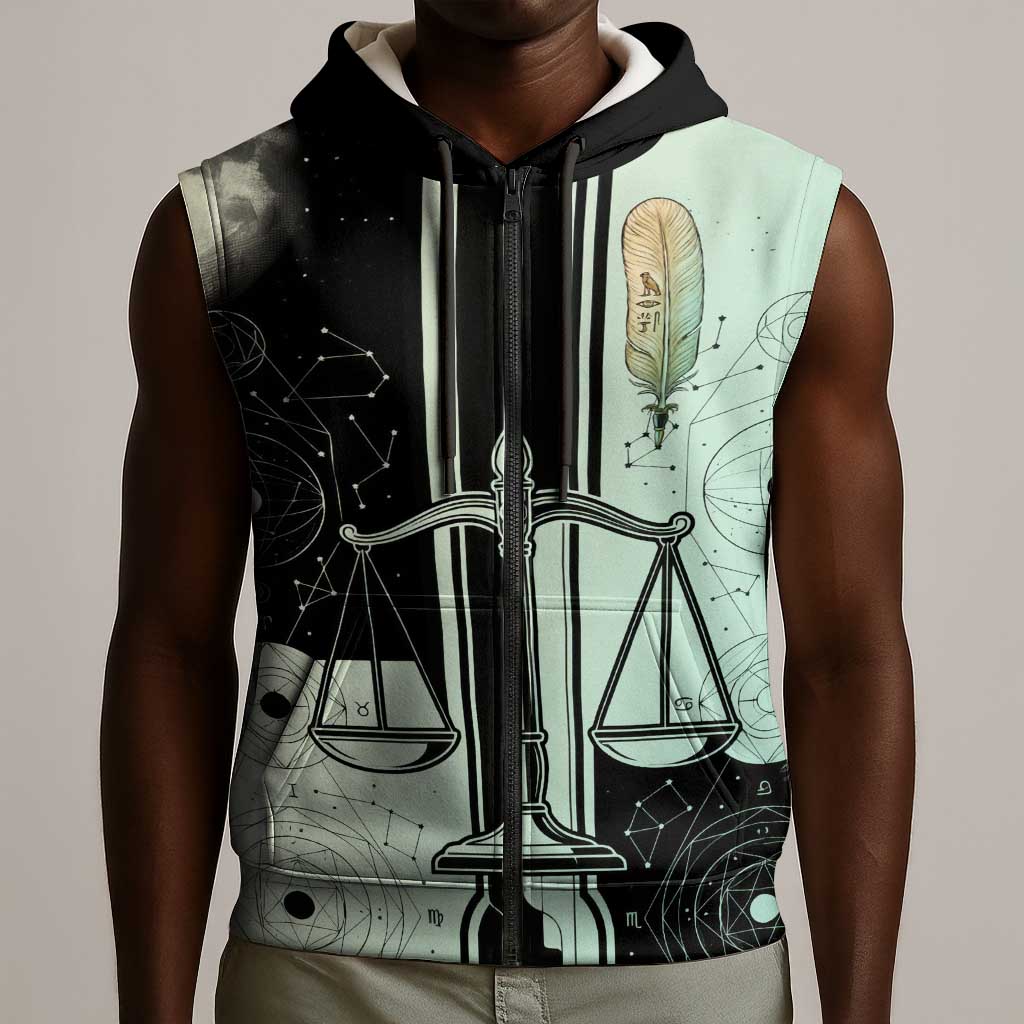 Ma’at Feather Egyptian Sleeveless Zip Hoodie with Scales Symbolizing Truth and Cosmic Balance