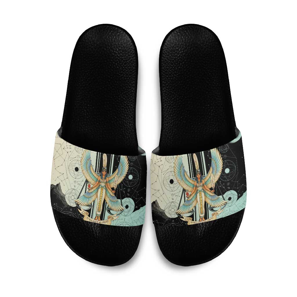 Ma’at Feather Egyptian Slide Sandals with Scales Symbolizing Truth and Cosmic Balance
