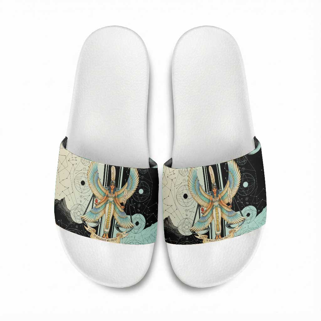 Ma’at Feather Egyptian Slide Sandals with Scales Symbolizing Truth and Cosmic Balance