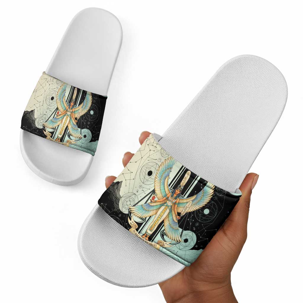 Ma’at Feather Egyptian Slide Sandals with Scales Symbolizing Truth and Cosmic Balance