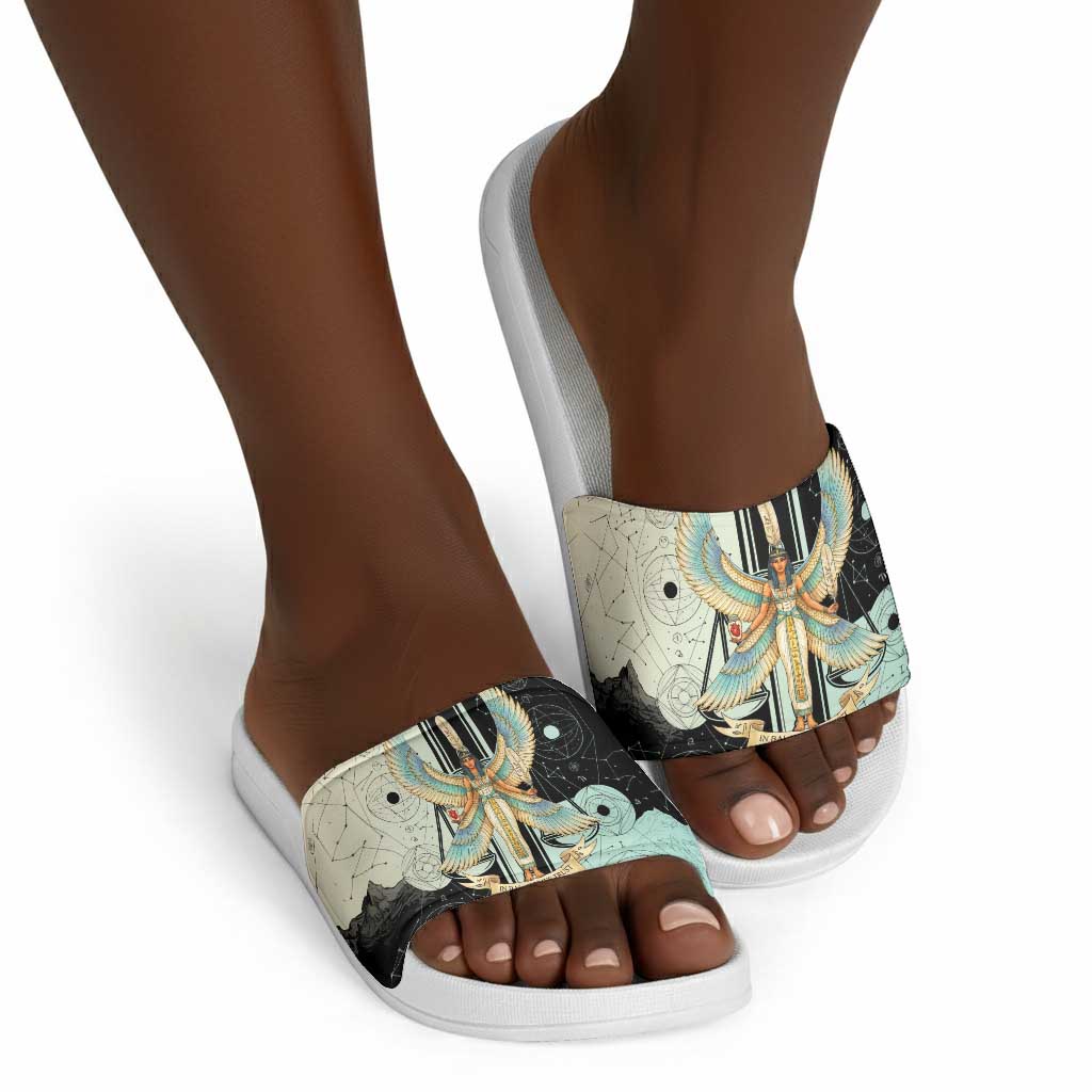 Ma’at Feather Egyptian Slide Sandals with Scales Symbolizing Truth and Cosmic Balance