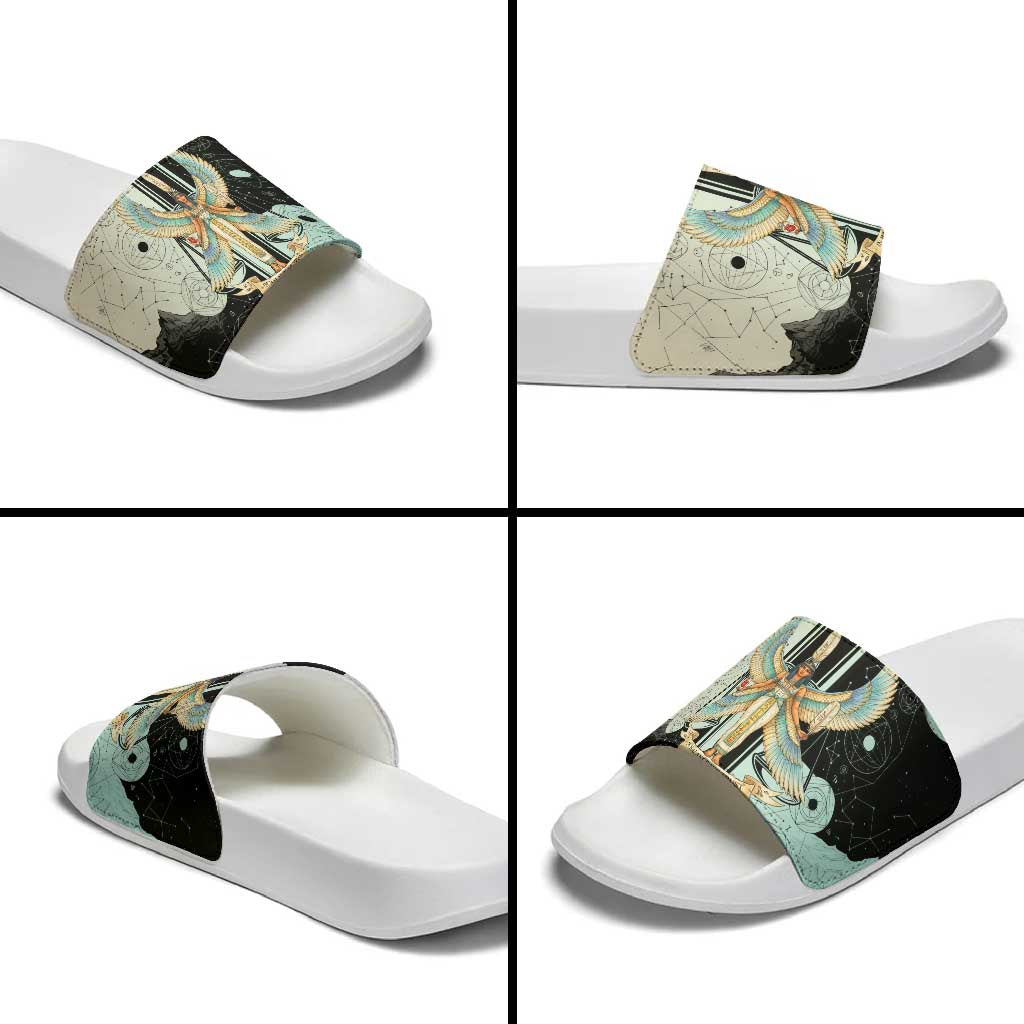 Ma’at Feather Egyptian Slide Sandals with Scales Symbolizing Truth and Cosmic Balance