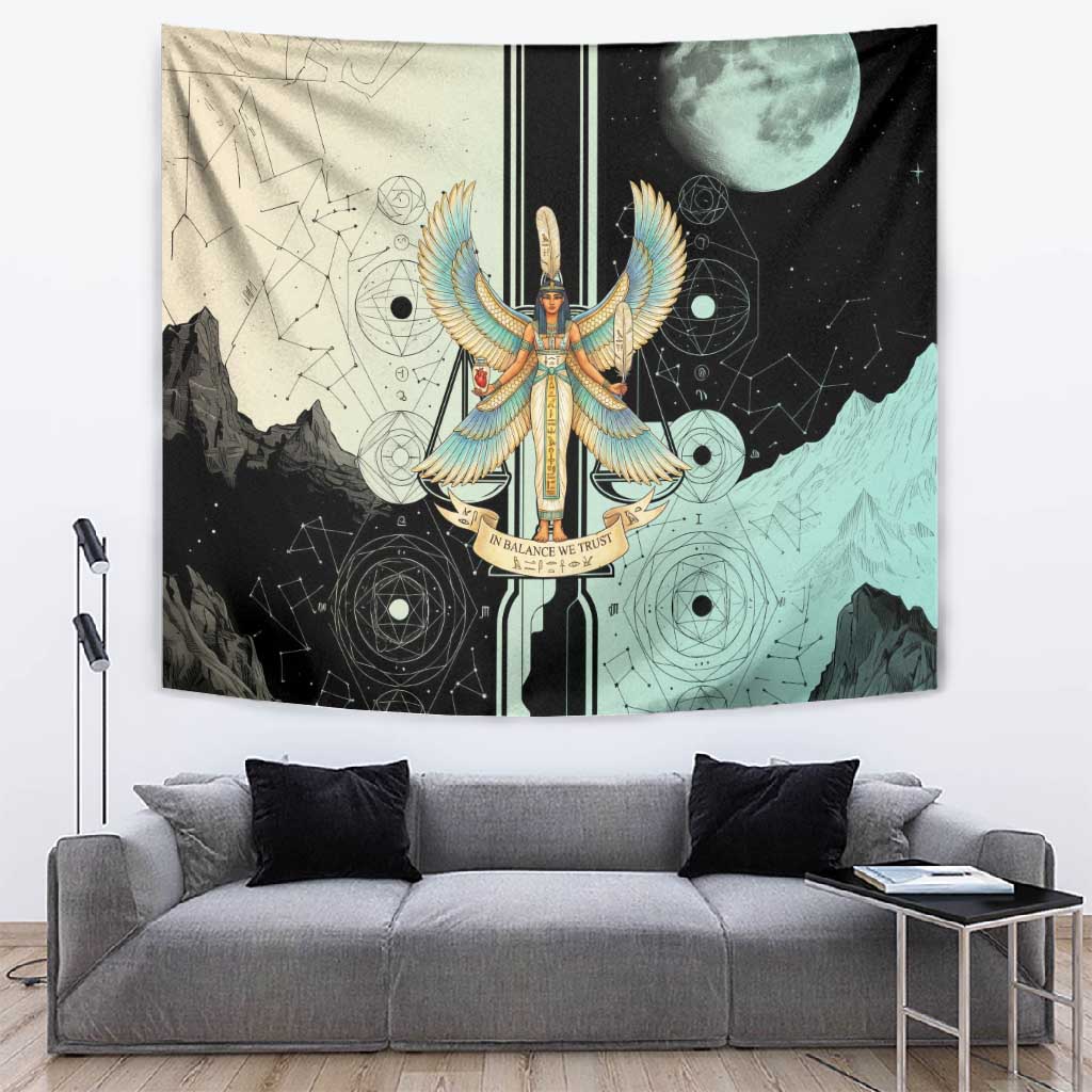 Ma’at Feather Egyptian Tapestry with Scales Symbolizing Truth and Cosmic Balance