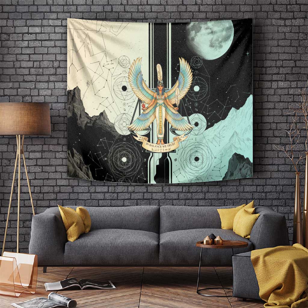 Ma’at Feather Egyptian Tapestry with Scales Symbolizing Truth and Cosmic Balance