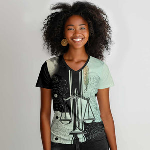 Ma’at Feather Egyptian Women V-Neck T-Shirt with Scales Symbolizing Truth and Cosmic Balance