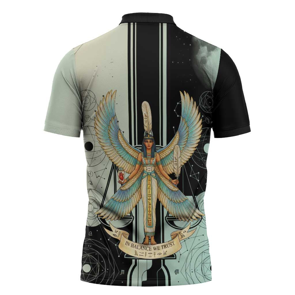 Ma’at Feather Egyptian Zipper Polo Shirt with Scales Symbolizing Truth and Cosmic Balance