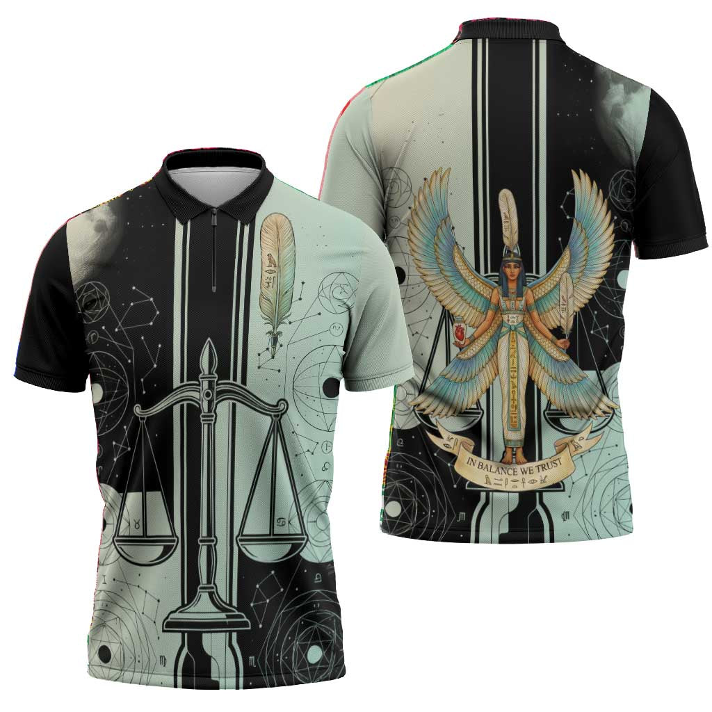 Ma’at Feather Egyptian Zipper Polo Shirt with Scales Symbolizing Truth and Cosmic Balance