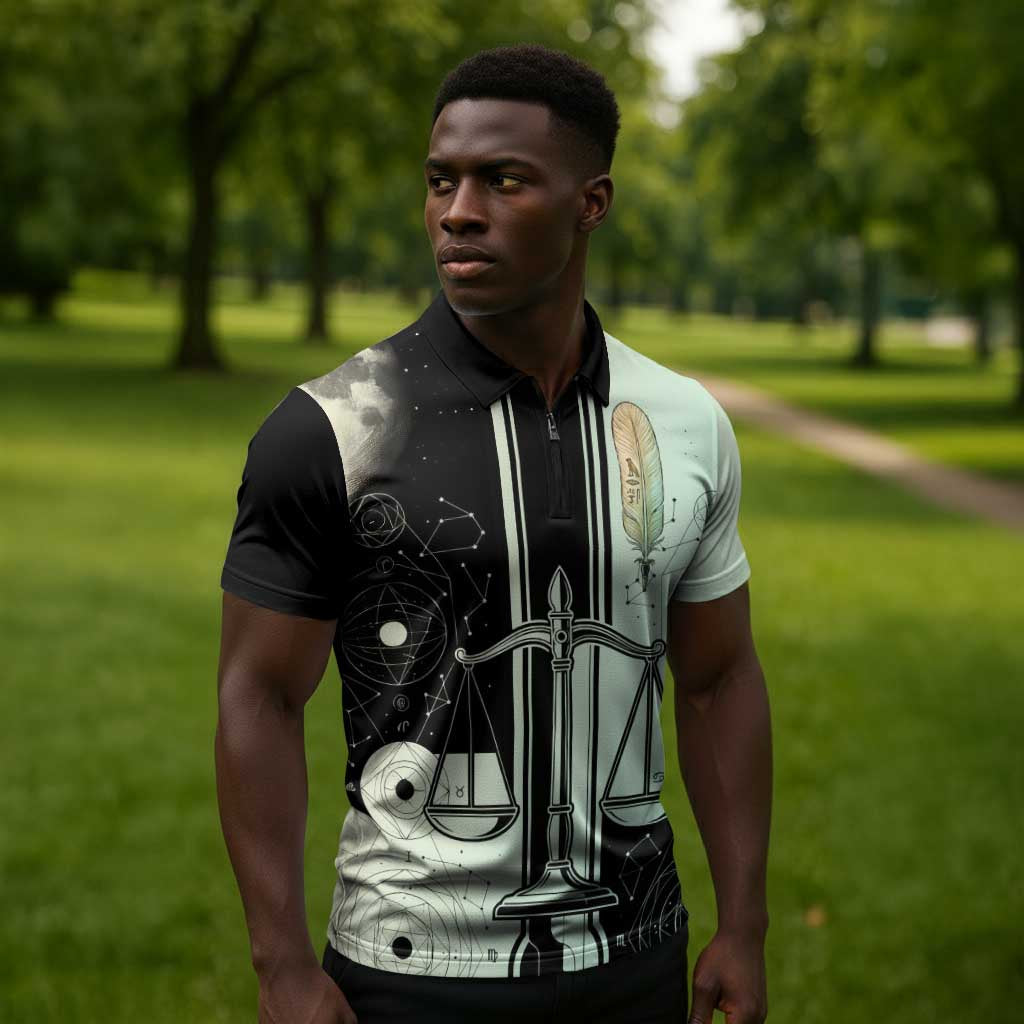Ma’at Feather Egyptian Zipper Polo Shirt with Scales Symbolizing Truth and Cosmic Balance