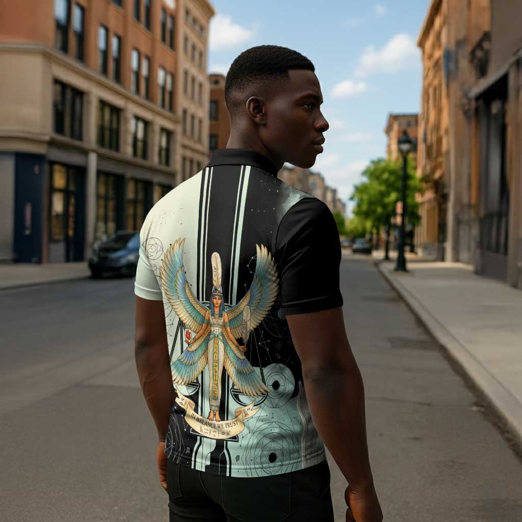 Ma’at Feather Egyptian Zipper Polo Shirt with Scales Symbolizing Truth and Cosmic Balance
