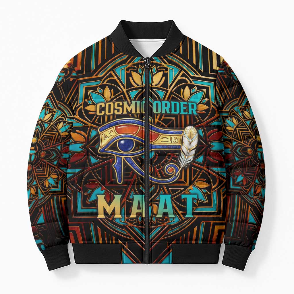 Ma’at Eye of Horus Bomber Puffer Jacket Egyptian Feather Celebrating Truth